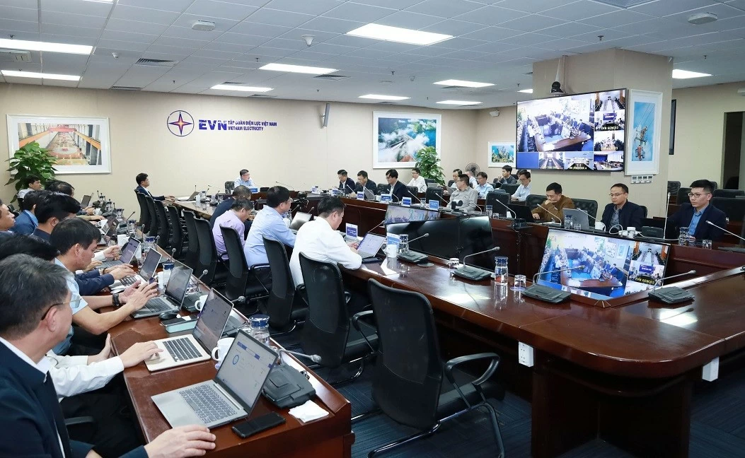 Phó Tổng giám đốc EVN Phạm Lê Phú chủ trì cuộc họp về công tác cải tạo hệ thống xử lý khí thải tại các nhà máy nhiệt điện trong Tập đoàn ngày 10/3, tại Hà Nội. (Nguồn: EVN)