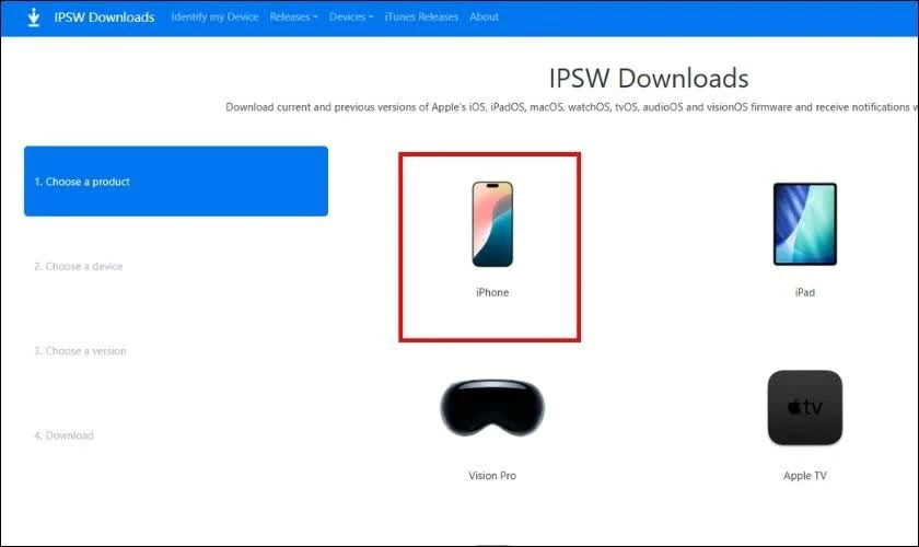 Vào trang IPSW và chọn đúng mẫu iPhone. Vào trang IPSW và chọn đúng mẫu iPhone.