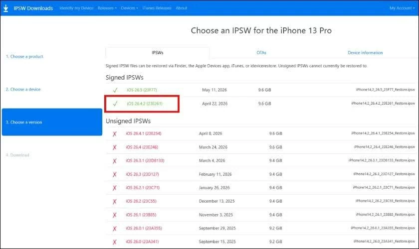 Kiểm tra trạng thái Signed và tải iOS 26.4. Kiểm tra trạng thái Signed và tải iOS 26.4.