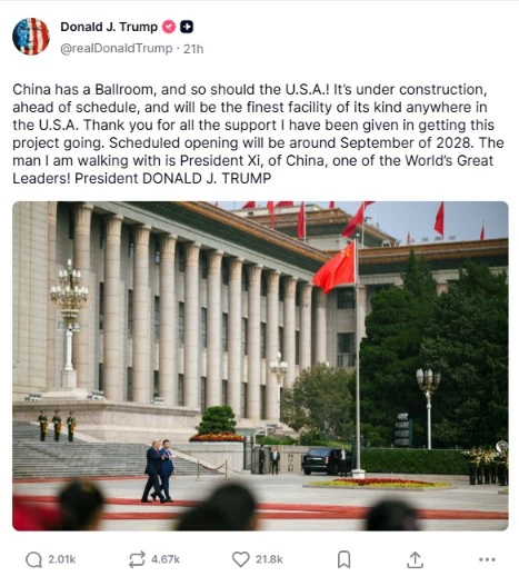 Tổng thống Donald Trump đăng bài trên Truth Social sau chuyến thăm Trung Quốc, gọi Chủ tịch Tập Cận Bình là “một trong những nhà lãnh đạo vĩ đại của thế giới”. (Ảnh chụp màn hình)