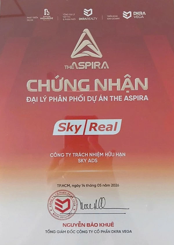 Sky Real chính thức nhận Giấy Chứng nhận Đại lý F1 Phân phối dự án The Aspira. Sky Real chính thức nhận Giấy Chứng nhận Đại lý F1 Phân phối dự án The Aspira.