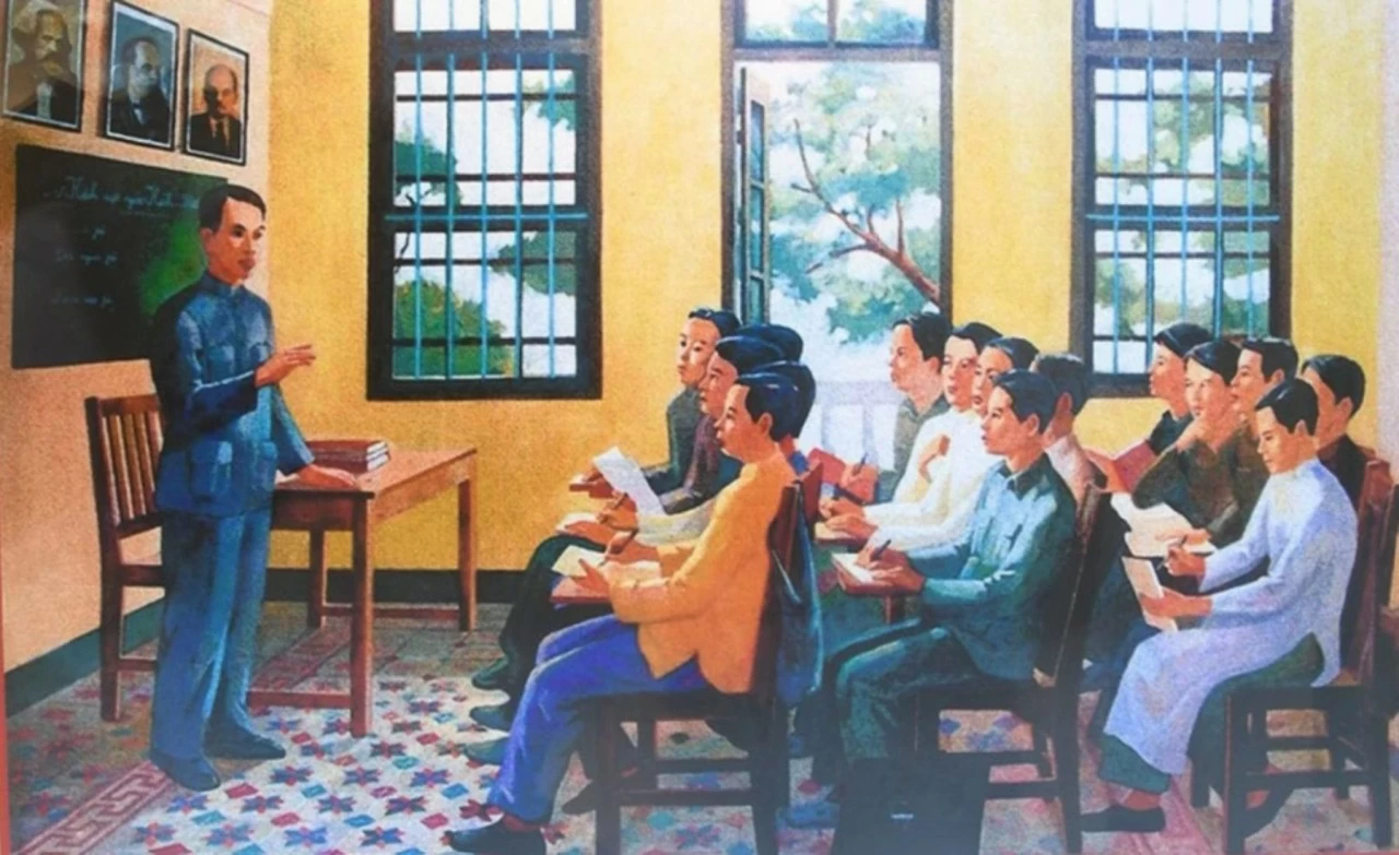 Tranh vẽ 'Nguyễn Ái Quốc giảng bài tại lớp huấn luyện cán bộ cách mạng Việt Nam tại Quảng Châu, Trung Quốc'.