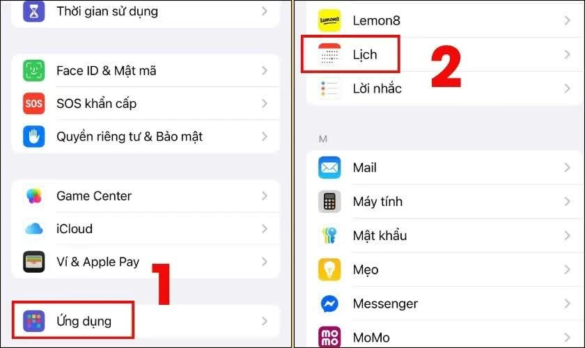 Chọn mục Lịch trong danh sách cài đặt ứng dụng. Chọn mục Lịch trong danh sách cài đặt ứng dụng.