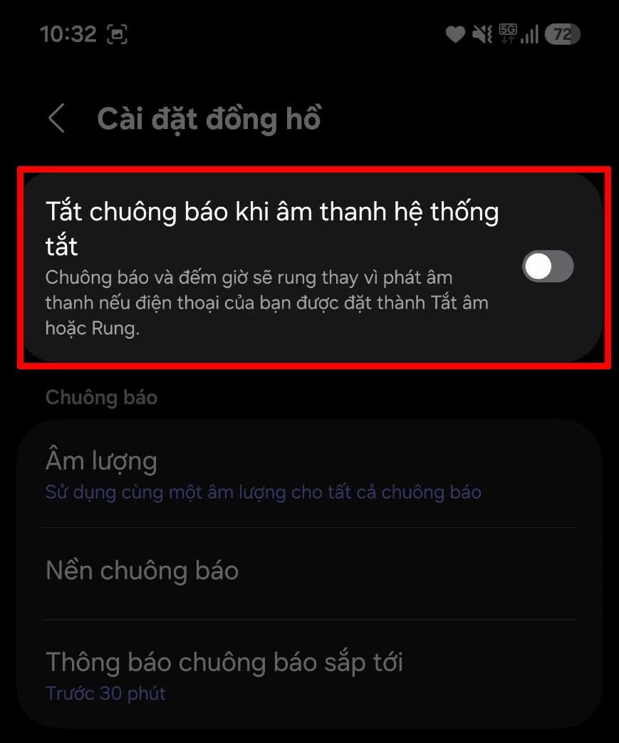 Tại phần cài đặt, tắt tùy chọn chuông báo âm thanh hệ thống. Tại phần cài đặt, tắt tùy chọn chuông báo âm thanh hệ thống.