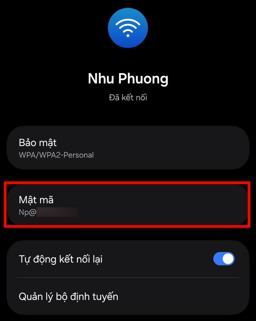 Tại phần thông tin mạng, mật khẩu sẽ được ẩn.