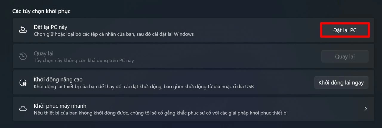 Tại phần Đặt lại PC này, nhấn nút Đặt lại PC. Tại phần Đặt lại PC này, nhấn nút Đặt lại PC.
