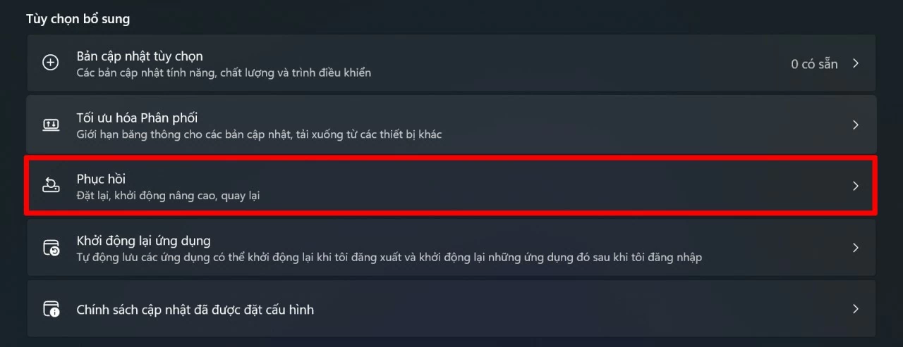 Tiếp tục tìm và nhấn vào mục Phục hồi.