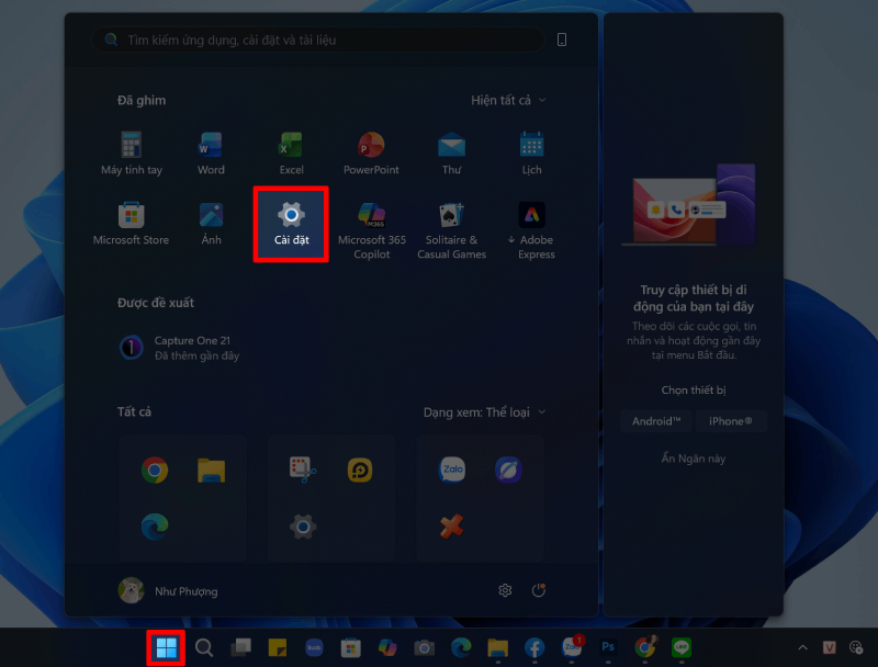 Nhấn biểu tượng Windows trên thanh taskbar. Nhấn biểu tượng Windows trên thanh taskbar.