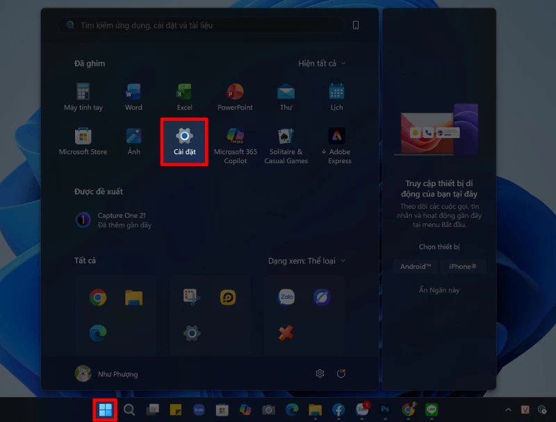 Nhấn biểu tượng Windows trên thanh taskbar. Nhấn biểu tượng Windows trên thanh taskbar.