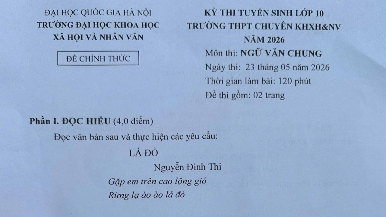 Đề thi Ngữ văn vào lớp 10 Trường THPT Chuyên Khoa học Xã hội và Nhân văn Hà Nội năm 2026