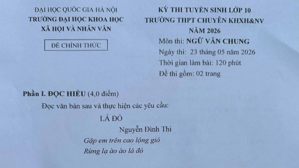 Đề thi Ngữ văn vào lớp 10 Trường THPT Chuyên Khoa học Xã hội và Nhân văn Hà Nội năm 2026