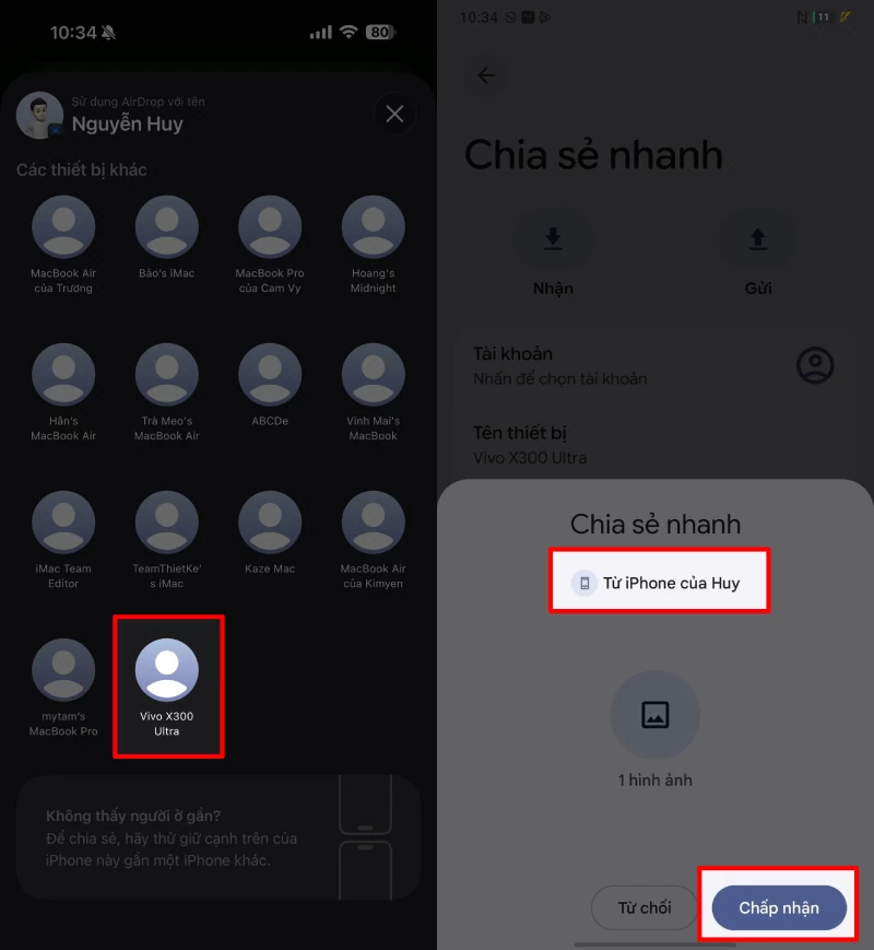 Hãy chọn đúng tên điện thoại vivo muốn nhận dữ liệu. Hãy chọn đúng tên điện thoại vivo muốn nhận dữ liệu.