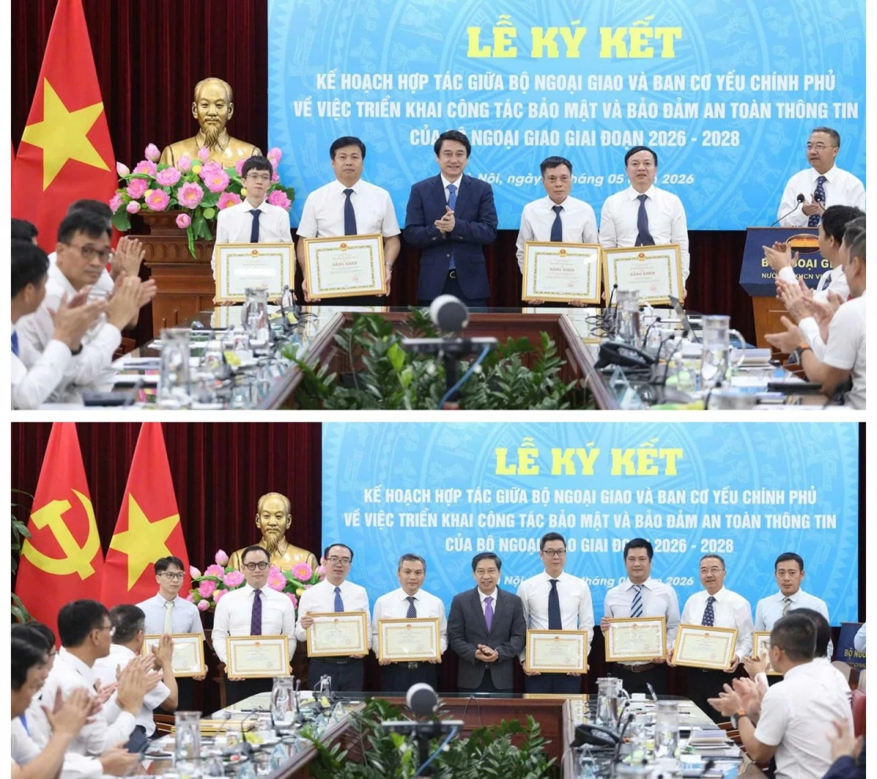 Thứ trưởng Ngoại giao Lê Anh Tuấn và Trung tướng Vũ Ngọc Thiềm, Trưởng ban Ban Cơ yếu Chính phủ trao bằng khen cho tập thể và các cá nhân. (Ảnh: Thành Long)