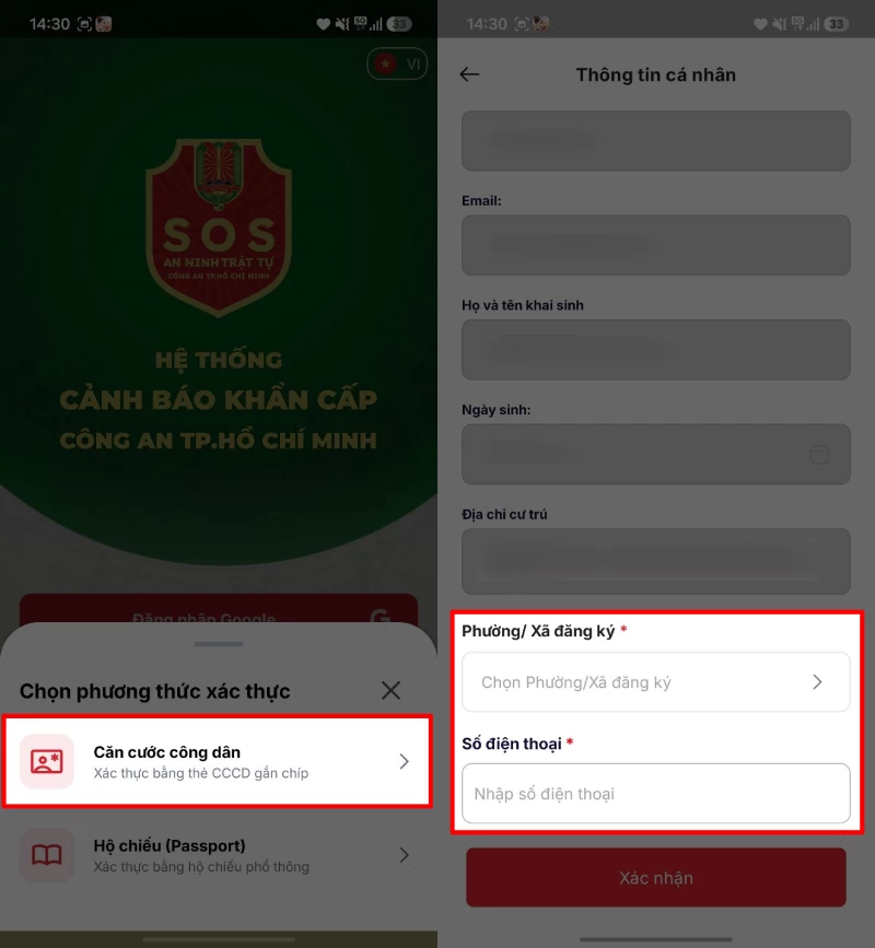 Thực hiện xác thực bằng Căn cước công dân.