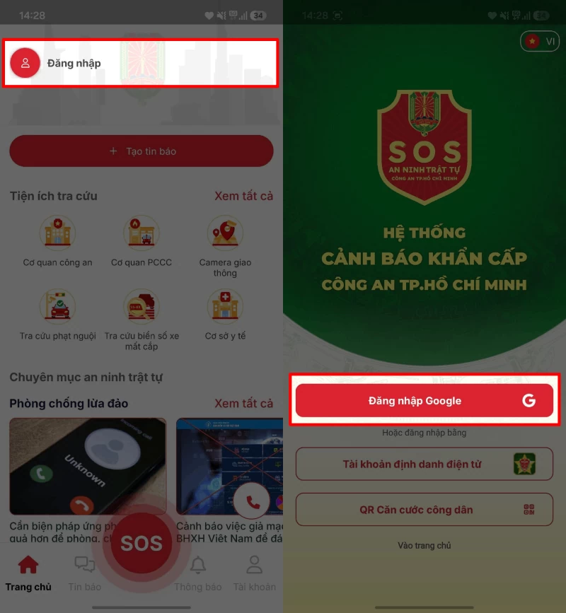 Mở ứng dụng SOS ANTT, chọn Đăng nhập.