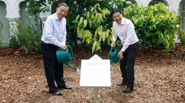 Vietnam"s top leader, Singapore PM plant tree at Singapore Botanic Gardens