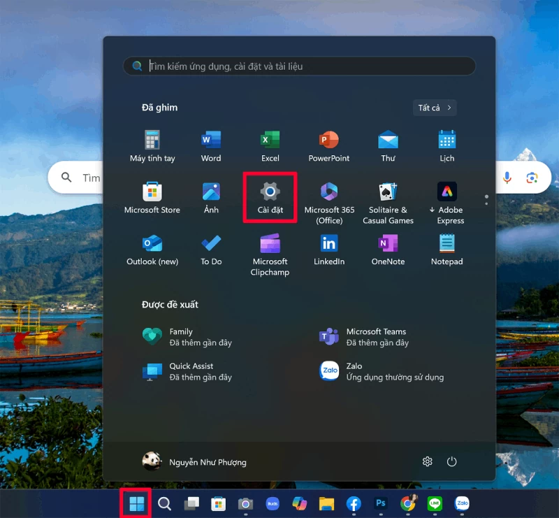 Nhấn vào nút Windows trên thanh tác vụ và mở Cài đặt (Settings). Nhấn vào nút Windows trên thanh tác vụ và mở Cài đặt (Settings).
