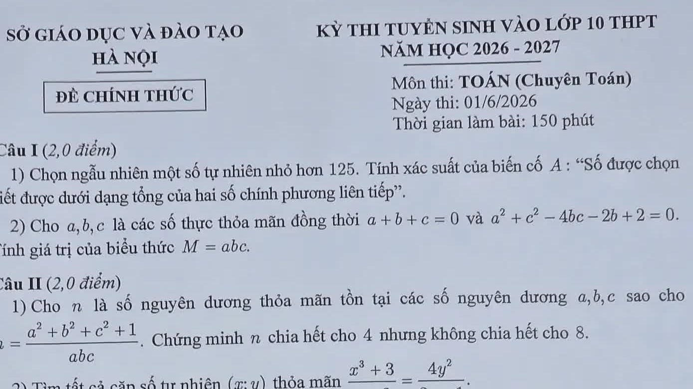 Đề Toán chuyên vào lớp 10 Hà Nội năm 2026