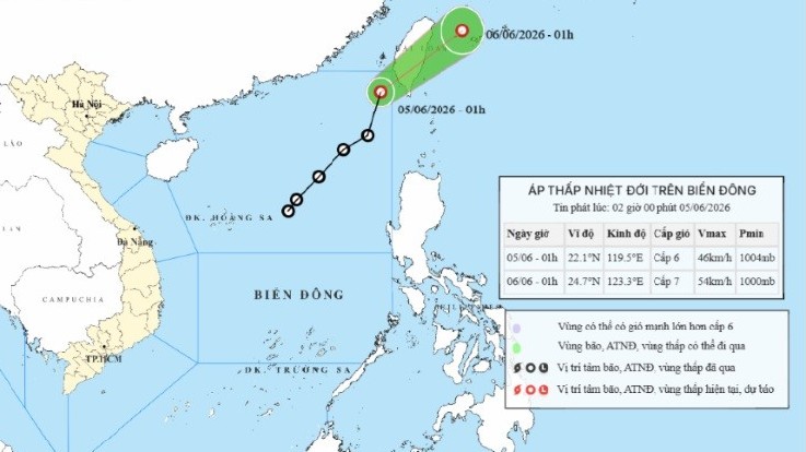 Dự báo áp thấp nhiệt đới trên Biển Đông: Sẽ di chuyển đến vùng biển phía Đông đảo Đài Loan (Trung Quốc), gió giật cấp 9