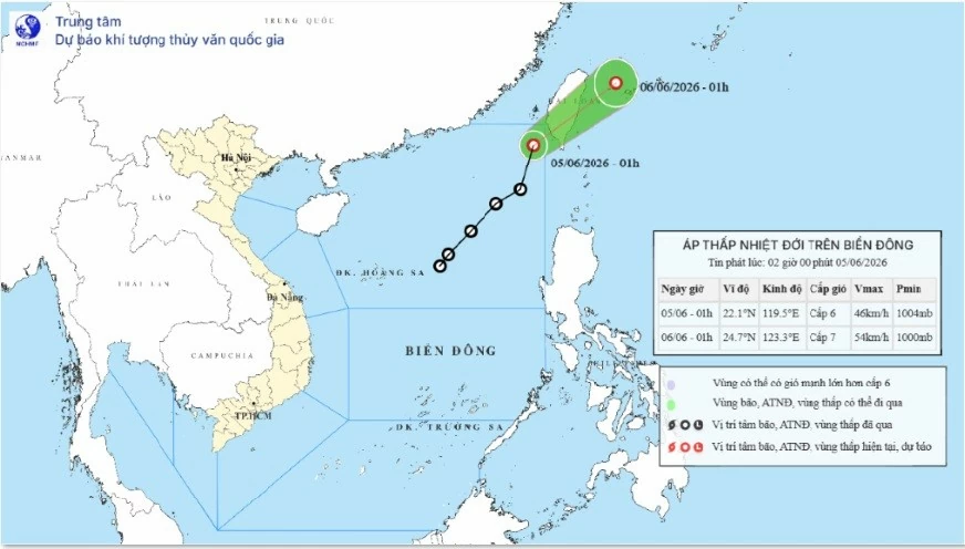 Áp thấp nhiệt đới di chuyển theo hướng Đông Bắc. (Nguồn: NCHMF)