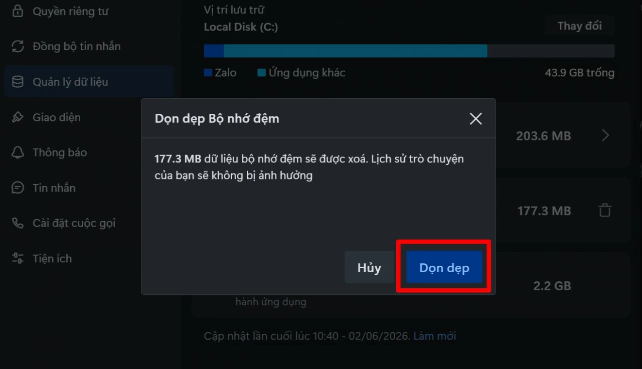 Cuối cùng, bạn nhấn vào biểu tượng thùng rác bên cạnh mục Bộ nhớ đệm. Cuối cùng, bạn nhấn vào biểu tượng thùng rác bên cạnh mục Bộ nhớ đệm.