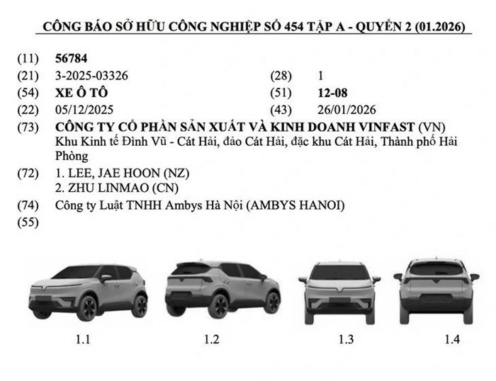 Công báo sở hữu công nghiệp đã hé lộ bản vẽ thiết kế của một mẫu xe điện cỡ nhỏ mới do VinFast đăng ký. Nhiều khả năng đây chính là phiên bản facelift của VF 5.