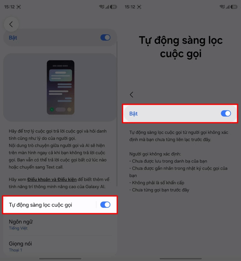  Tiếp tục vào mục Tự động lọc cuộc gọi, sau đó bật Tự động sàng lọc.