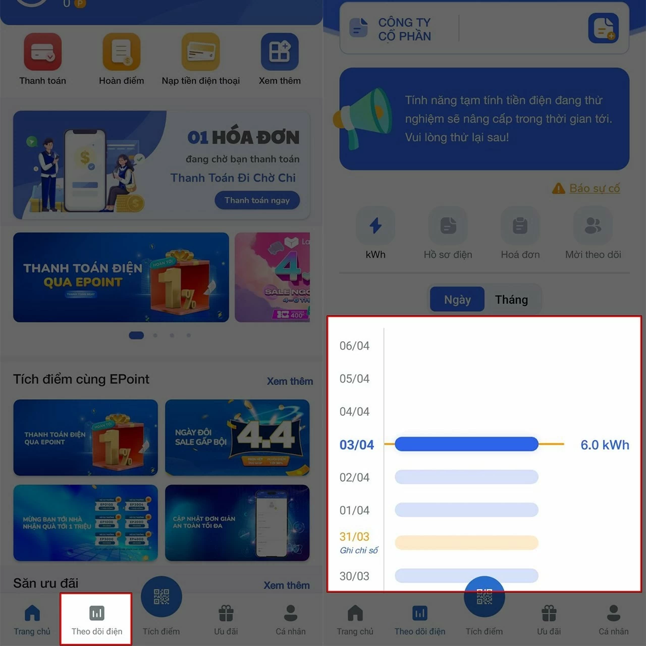  Tại thanh điều hướng phía dưới, chọn mục Theo dõi điện để tiếp tục.