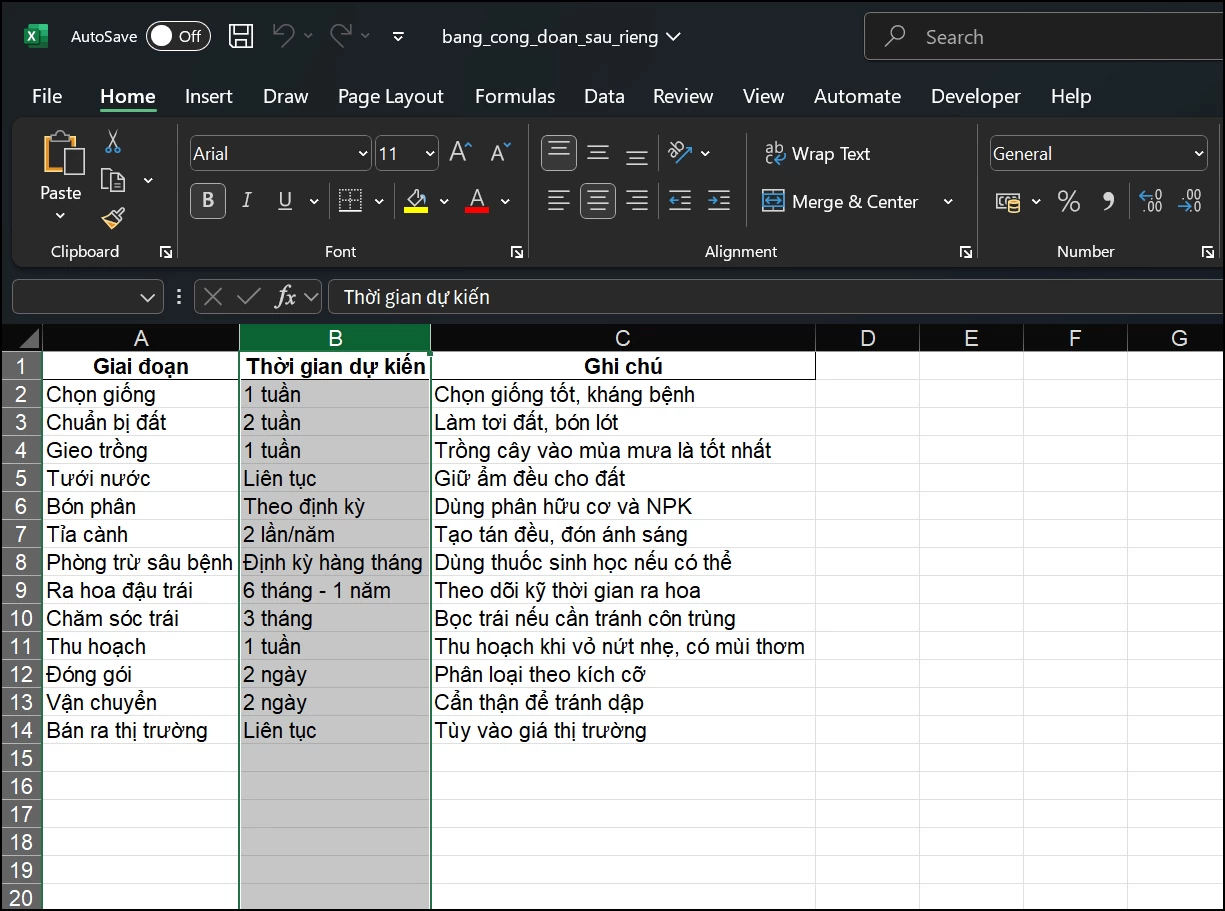 Quay lại file Excel, bạn chọn cột cần căn chỉnh.