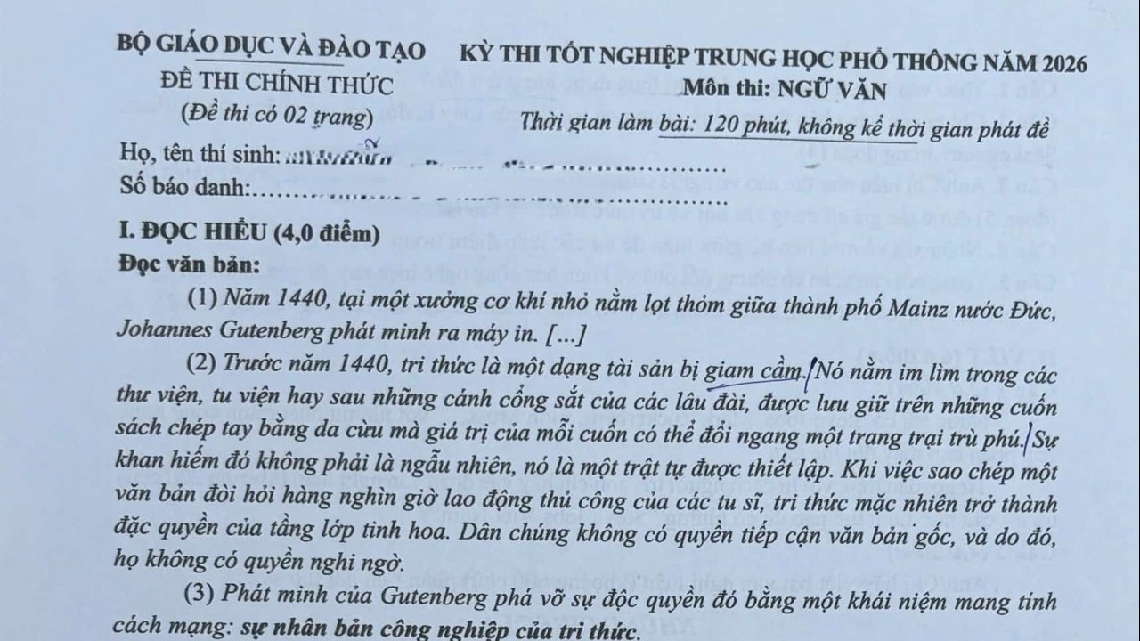 Đề Ngữ văn thi tốt nghiệp THPT năm 2026