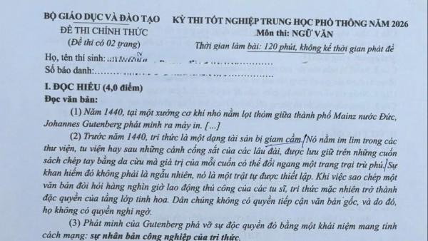 Đề Ngữ văn thi tốt nghiệp THPT năm 2026