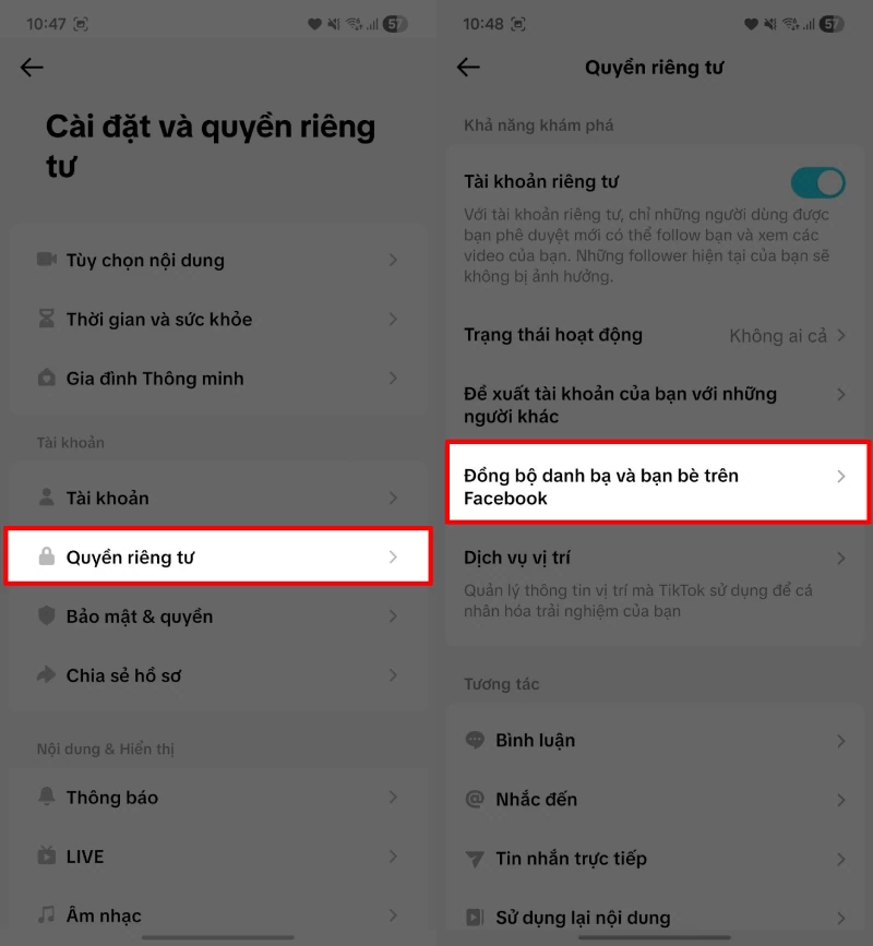 Trong giao diện cài đặt, bạn chọn mục Quyền riêng tư.