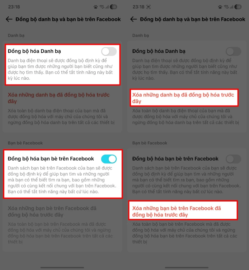 Tiếp theo, tắt cả hai tùy chọn Đồng bộ danh bạ và Đồng bộ Facebook.