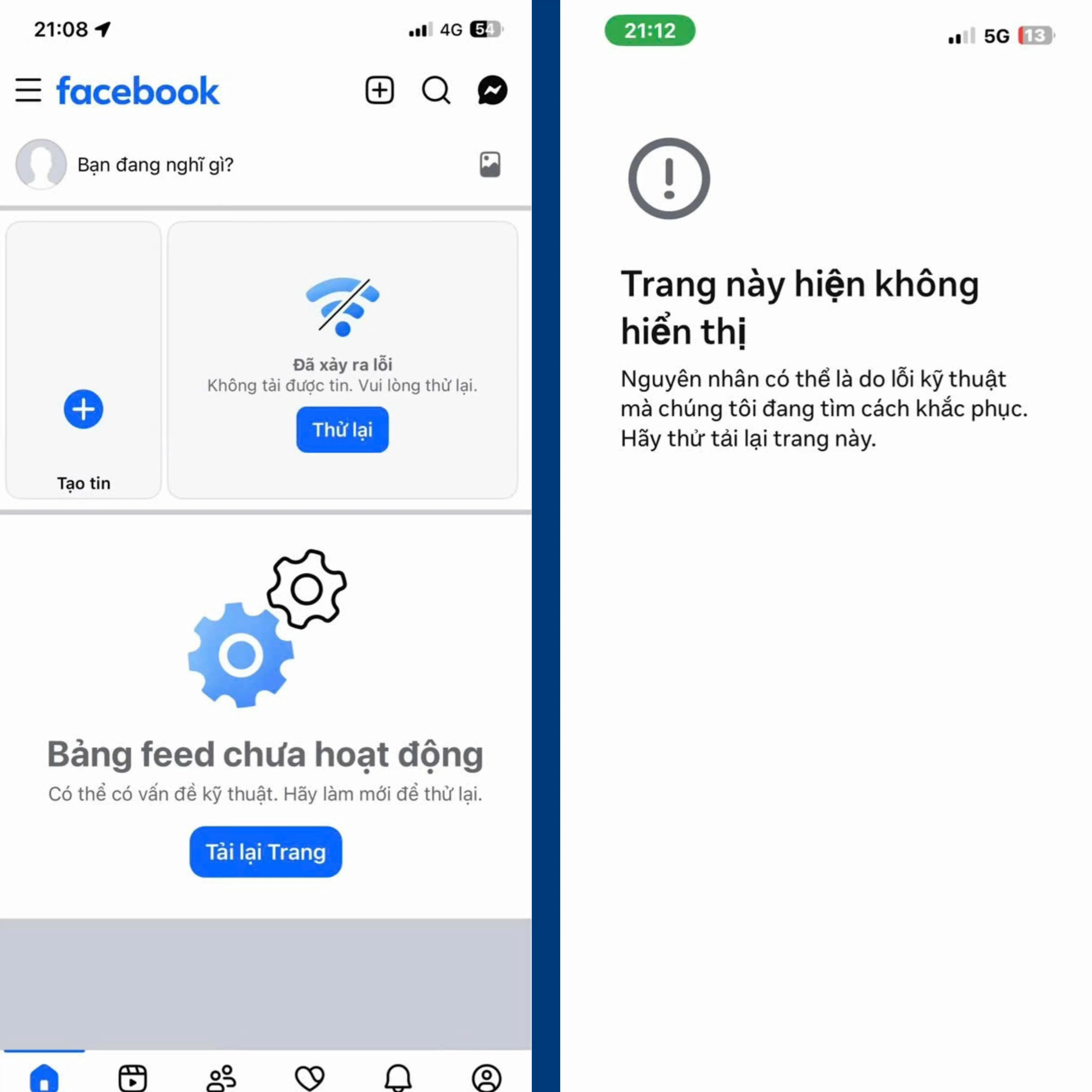 Ảnh chụp màn hình cho thấy, hàng loạt lỗi xuất hiện trên Facebook và Messenger tối 12/6, từ việc không tải được bảng tin đến gián đoạn nhắn tin.