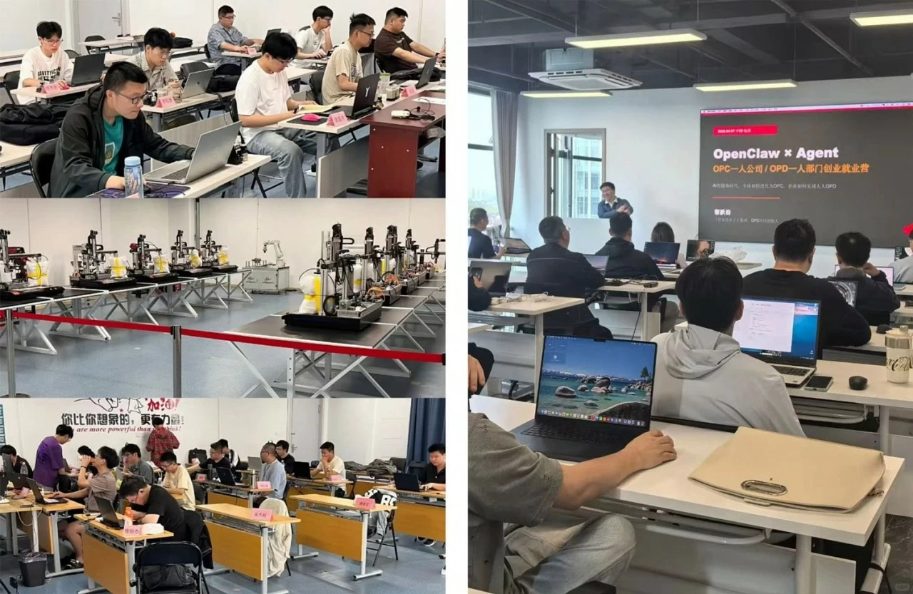 Trái: Học viên tại một trại huấn luyện AI ở Nam Kinh, tỉnh Giang Tô, năm 2026. Phải: Không gian bên trong một trại huấn luyện AI ở Hàng Châu, tỉnh Chiết Giang, năm 2026. Nguồn: Xiaohongshu. Trái: Học viên tại một trại huấn luyện AI ở Nam Kinh, tỉnh Giang Tô, năm 2026. Phải: Không gian bên trong một trại huấn luyện AI ở Hàng Châu, tỉnh Chiết Giang, năm 2026. Nguồn: Xiaohongshu.
