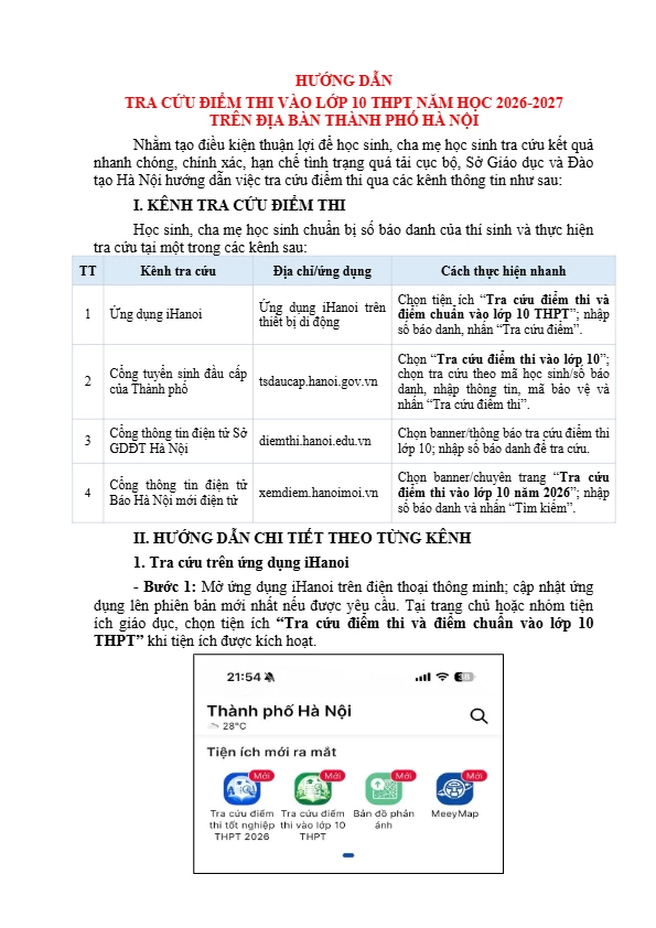 Link tra cứu điểm thi vào lớp 10 năm 2026 của Sở GD-ĐT Hà Nội