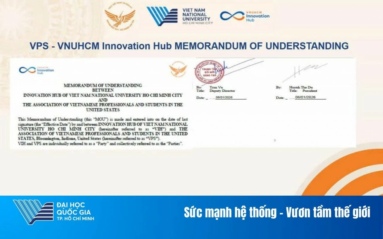 Biên bản ghi nhớ hợp tác (MOU) giữa Trung tâm Đổi mới sáng tạo ĐHQG-HCM (VNUHCM Innovation Hub – VIH) và VPS. (Nguồn: Đại học Quốc gia TP.HCM) Biên bản ghi nhớ hợp tác (MOU) giữa Trung tâm Đổi mới sáng tạo ĐHQG-HCM (VNUHCM Innovation Hub – VIH) và VPS. (Nguồn: Đại học Quốc gia TP.HCM)