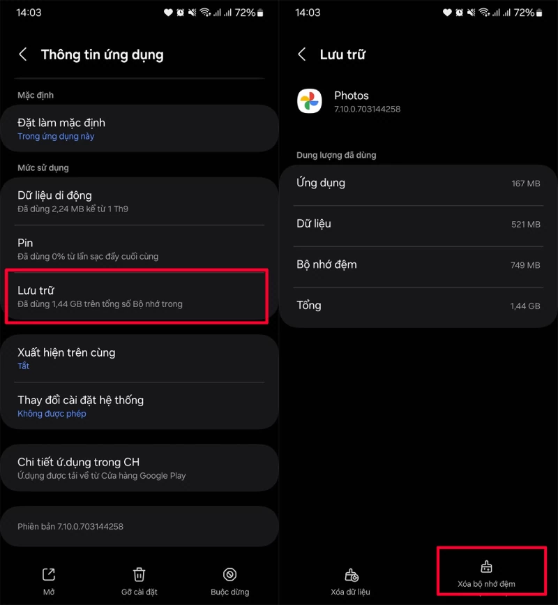 Chọn Lưu trữ > Xóa bộ nhớ đệm. 