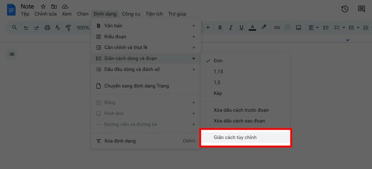 Chọn tiếp Giãn cách tùy chỉnh trong danh sách hiển thị.