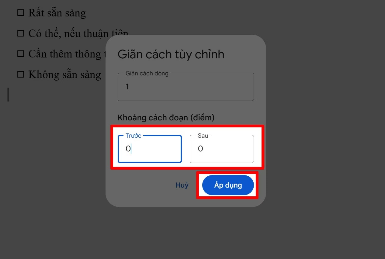 Tại mục thiết lập, đưa Khoảng cách trước và Khoảng cách sau về 0