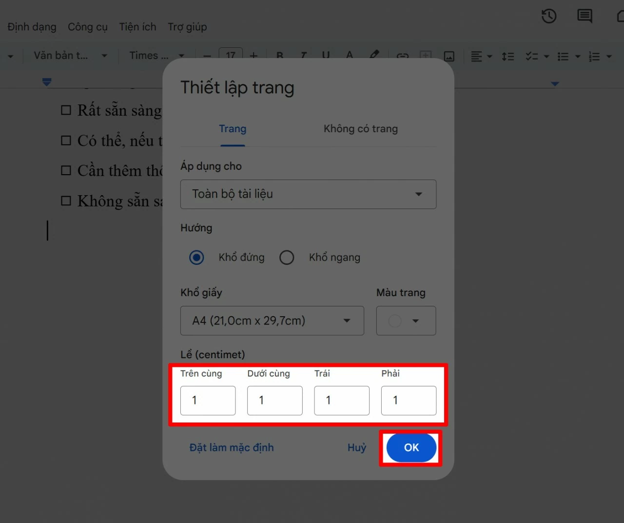 Điều chỉnh các thông số lề về mức phù hợp (thường là 1 hoặc nhỏ hơn).