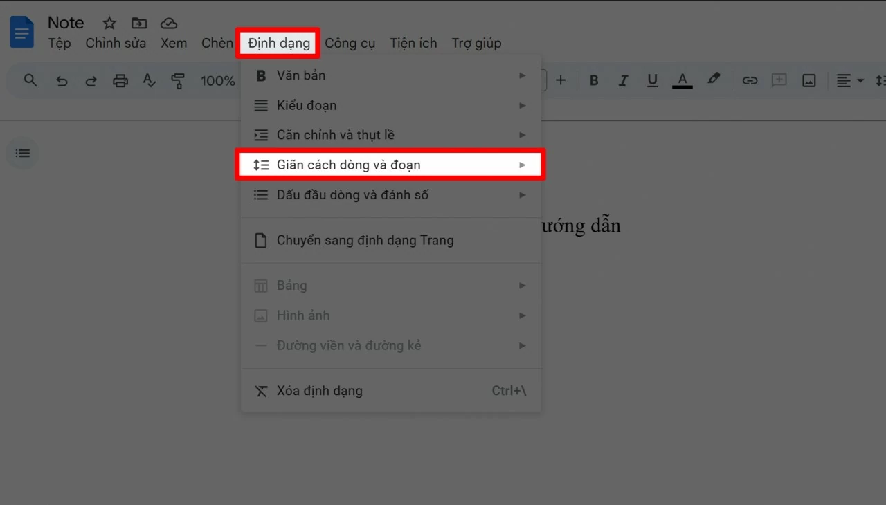 Trên thanh menu, chọn Định dạng > vào Giãn cách dòng và đoạn.