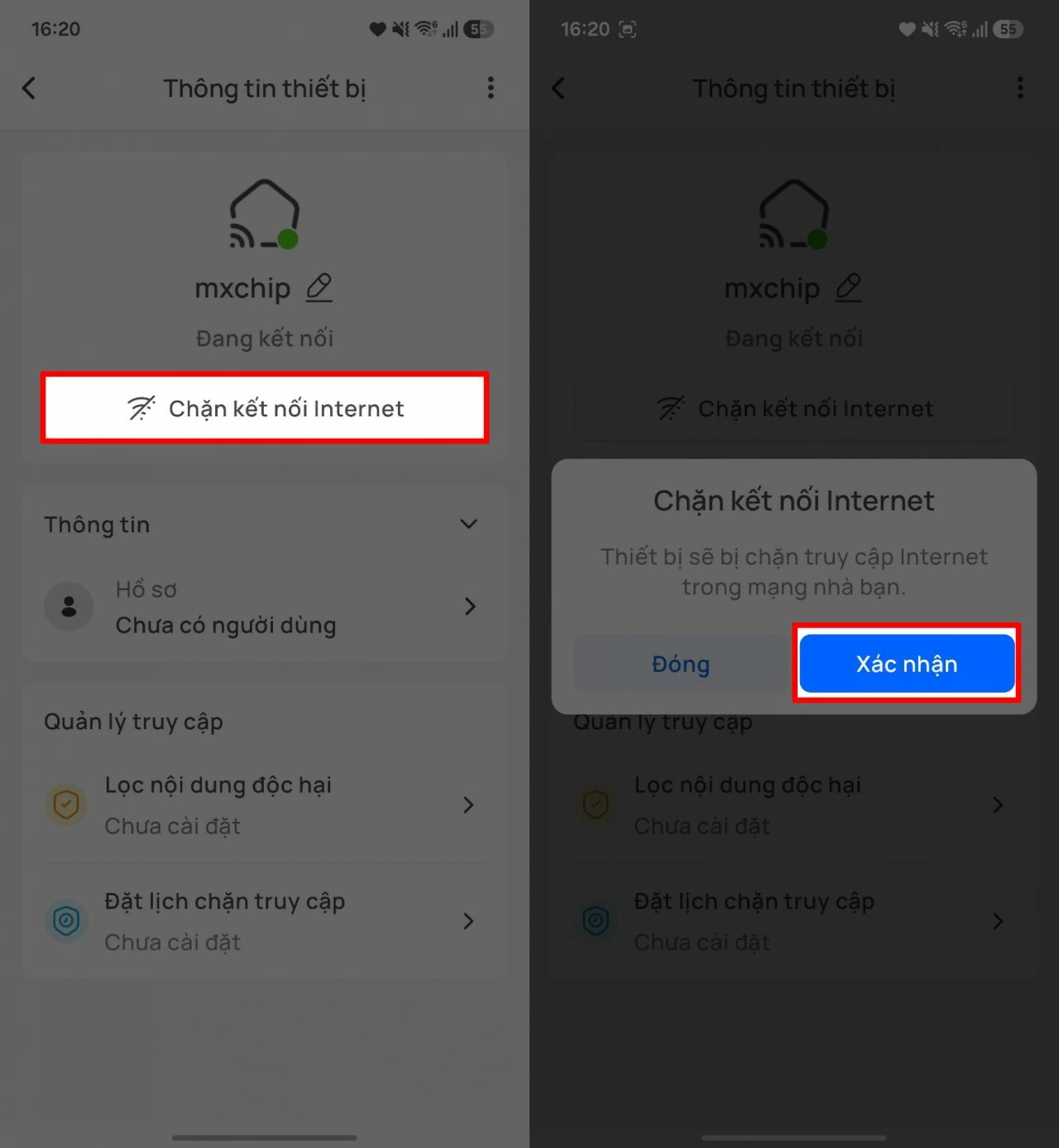 Nhấn vào tùy chọn Chặn kết nối Internet.