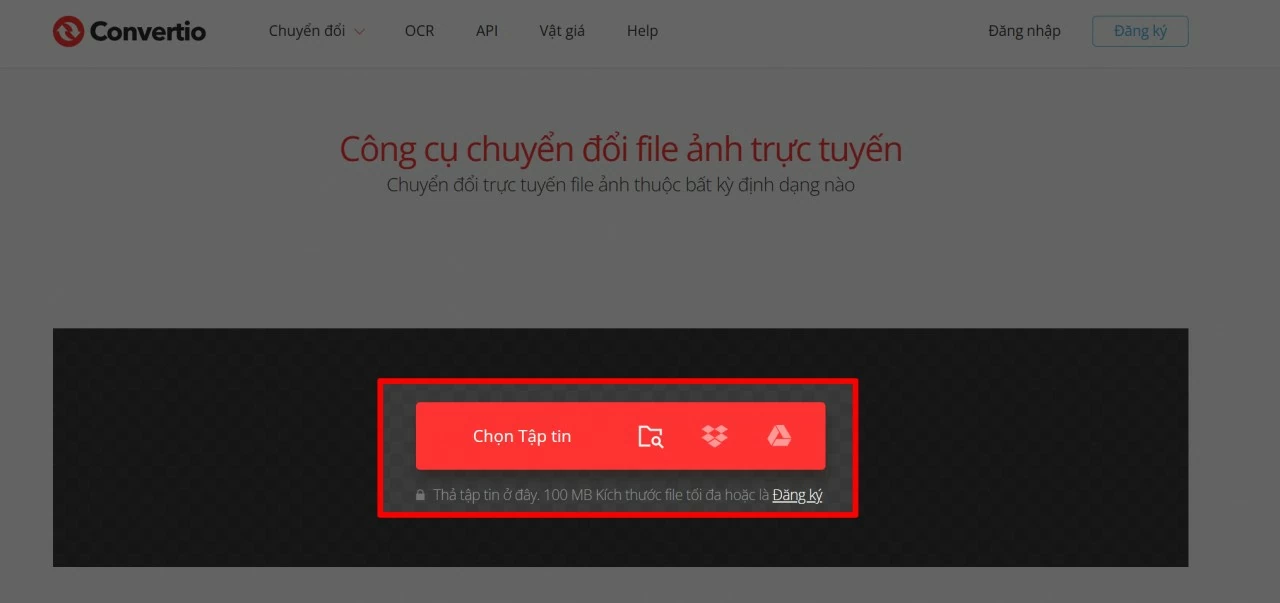 Truy cập vào công cụ chuyển đổi ảnh trực tuyến và tải tệp ảnh cần chuyển đổi lên.