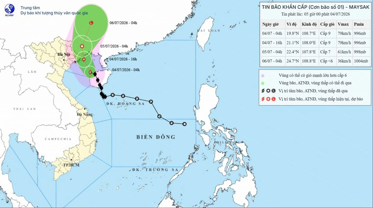 Dự báo quỹ đạo của bão số 1 lúc 5h ngày 4/7/2026. Nguồn: NCHMF