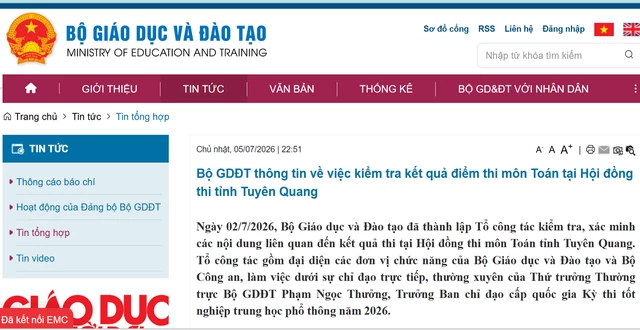 Bộ GD&ĐT thông tin về kiểm tra kết quả điểm thi môn Toán tại Tuyên Quang