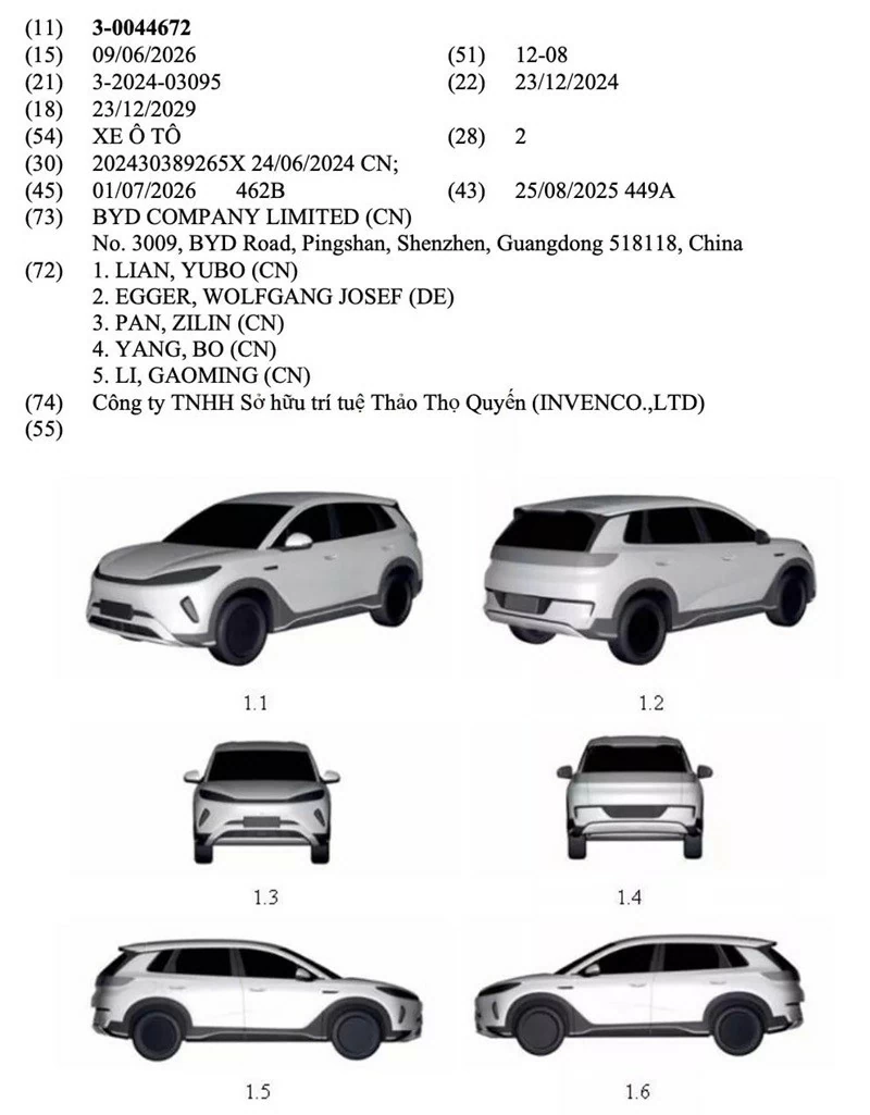 BYD Sealion 05 vừa được đăng ký bảo hộ kiểu dáng công nghiệp tại Việt Nam. 