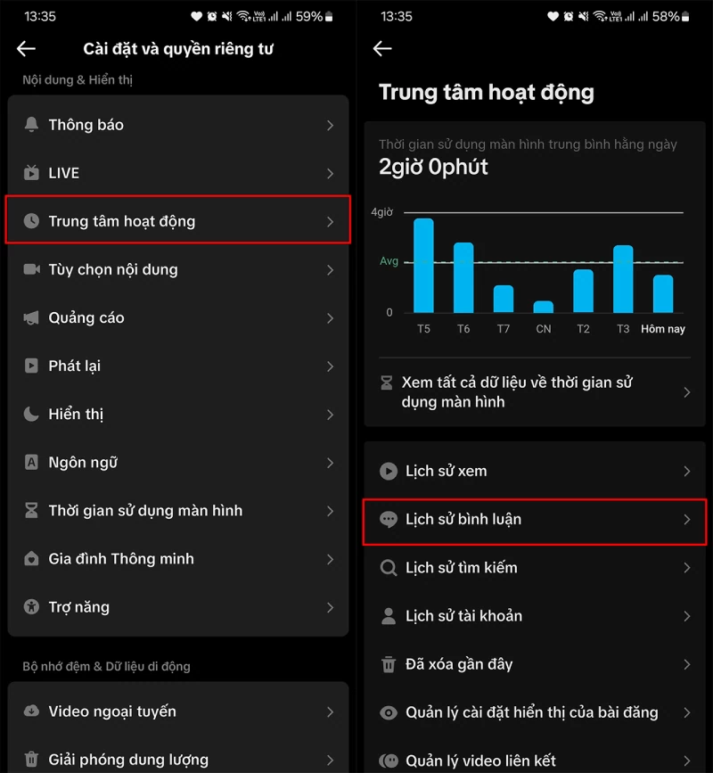 Truy cập Lịch sử bình luận.
