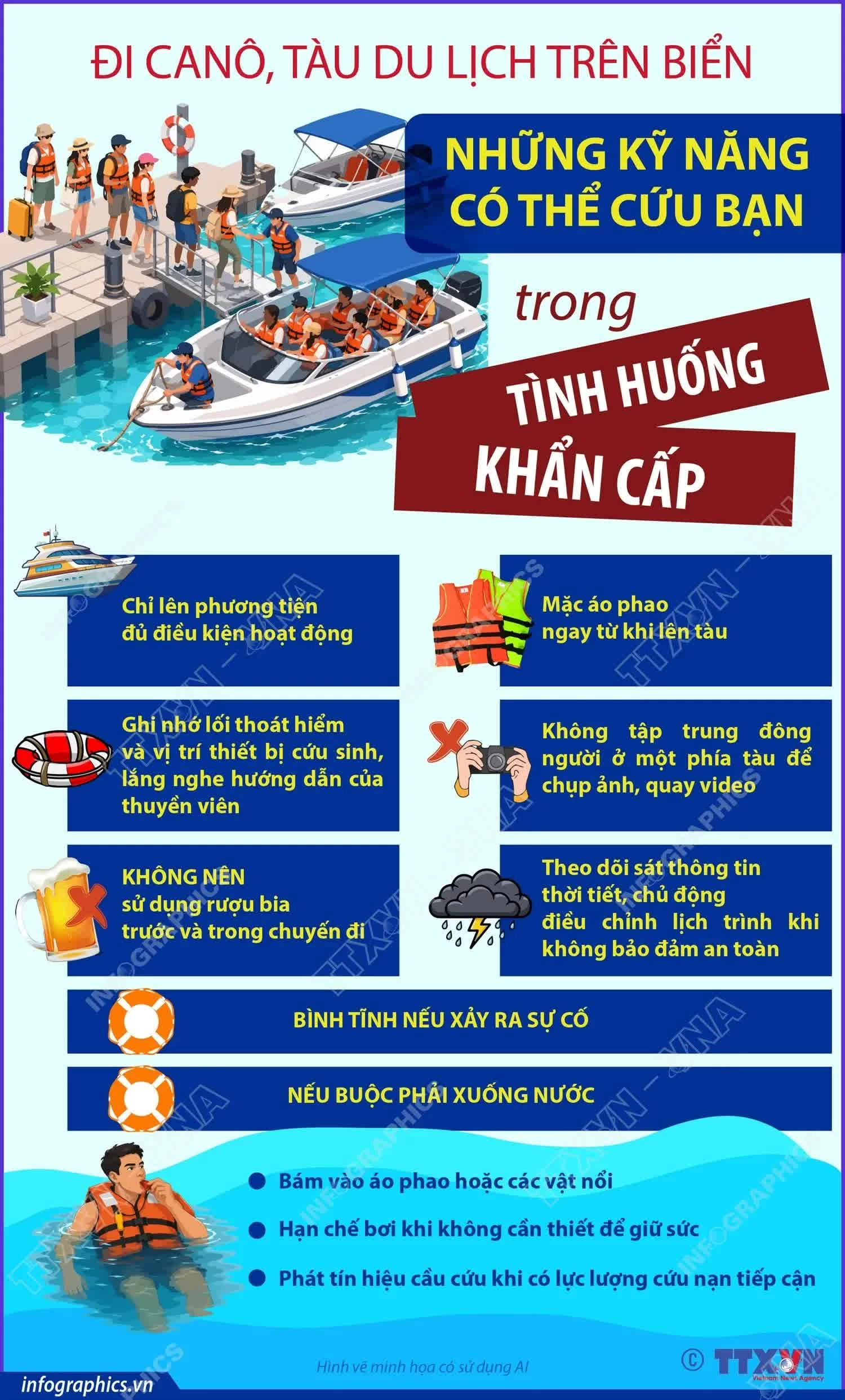 Chuyên gia khuyến cáo du khách tuân thủ hướng dẫn an toàn, mặc áo phao đúng quy định và chủ động trang bị kỹ năng xử lý tình huống khi đi tàu, canô. (Nguồn: TTXVN)