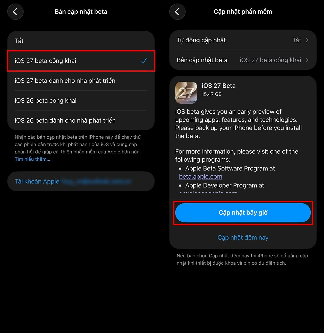 Nhấn vào Bản cập nhật Beta, chọn iOS 27 Public Beta